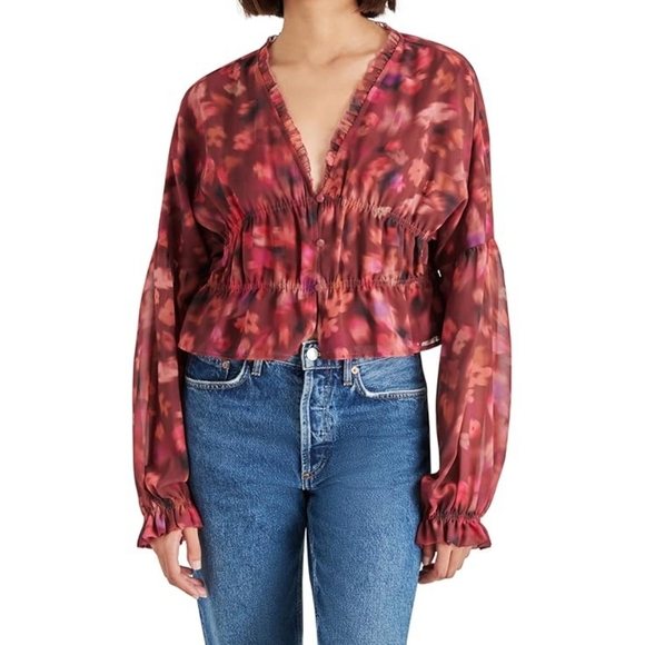 Steve Madden Women's V-Neck Hollis Top in Pink Multi Floral, Ruffle Trim, XS - Picture 1 of 8